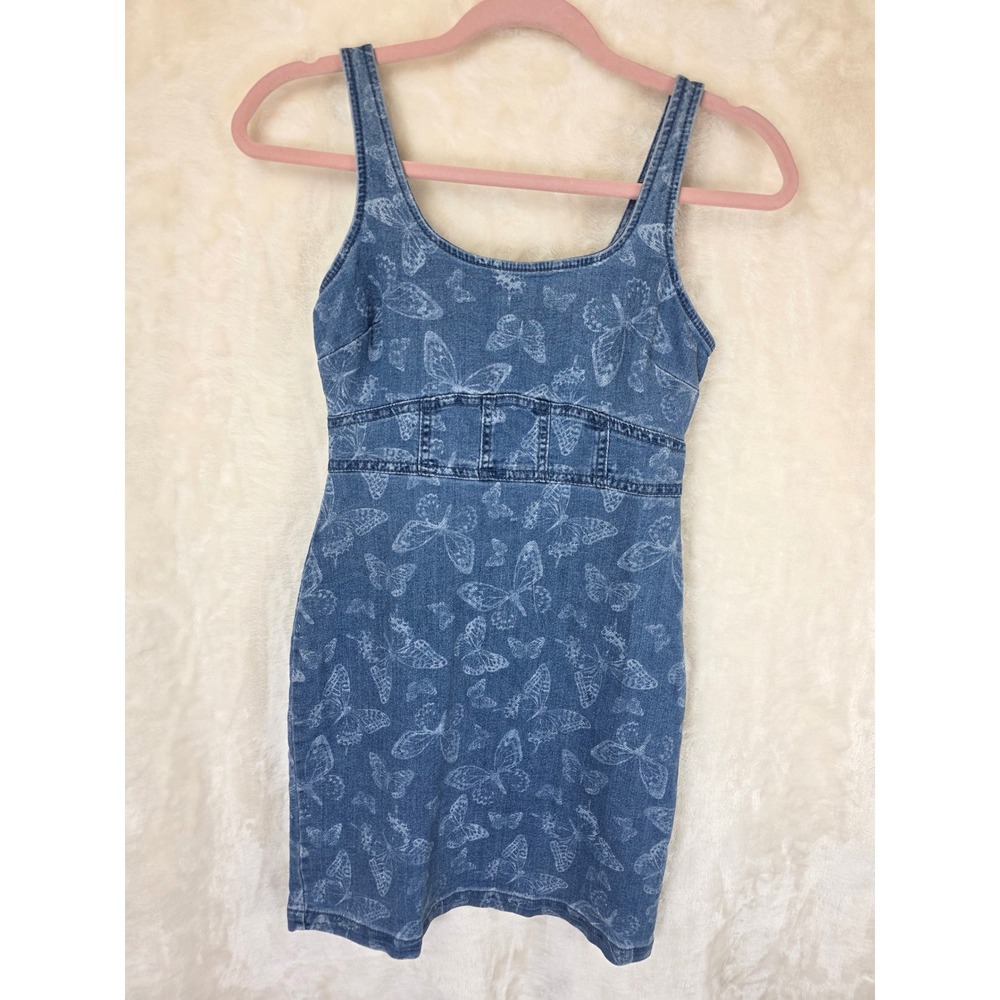 No Boundaries Womens Blue Butterfly Print Denim Mini Dress XS 1 Bodycon Zip Back